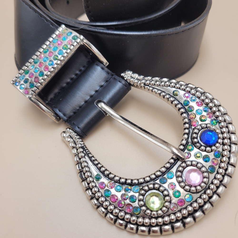 Womens Black Western Belt Oversized Silver Rhinestone Crescent Buckle 40 Inch